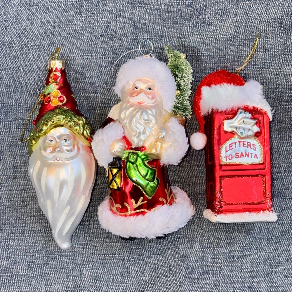 Robert Stanley 6” Blown Glass Christmas Ornament Lot Of 3 Santa Head Mailbox